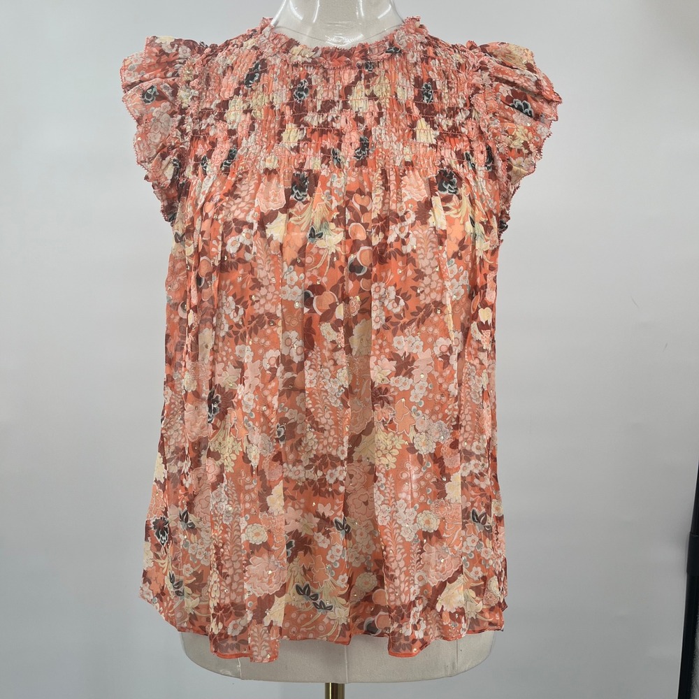 Ulla Johnson Blouse Womens Size 0 Orange Floral Silk Smocked Metallic Top - Picture 2 of 13